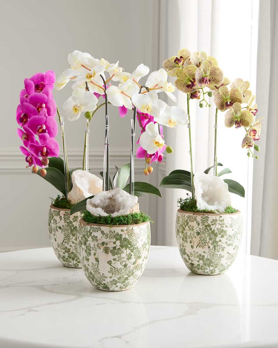 Double Orchid with Quartz 22" Faux Floral Arrangement in Ceramic Pot